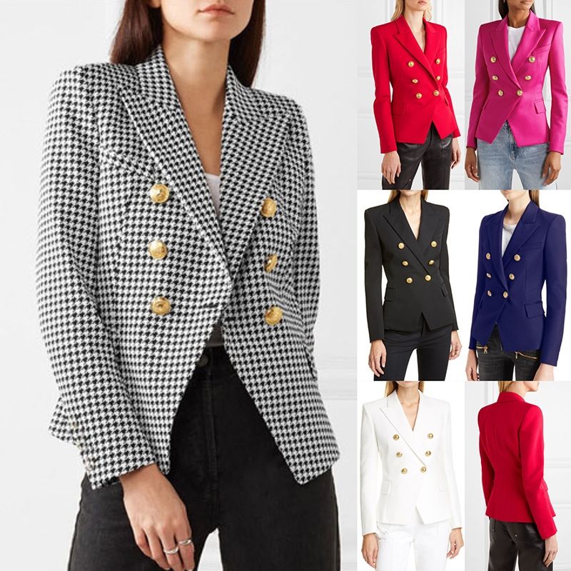 Blazer Women Spring Fashion Plaid Slimming Small Suit Jacket Houndstooth Ladies Double Breasted Temperament Sweet Fr